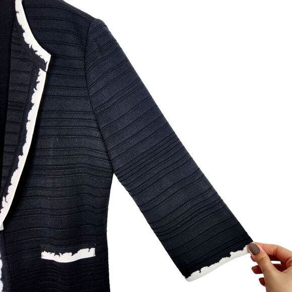 MING WANG Blazer‎ Womens Small Black White Stripe Textured Jacket Faux Pocket - Picture 3 of 10